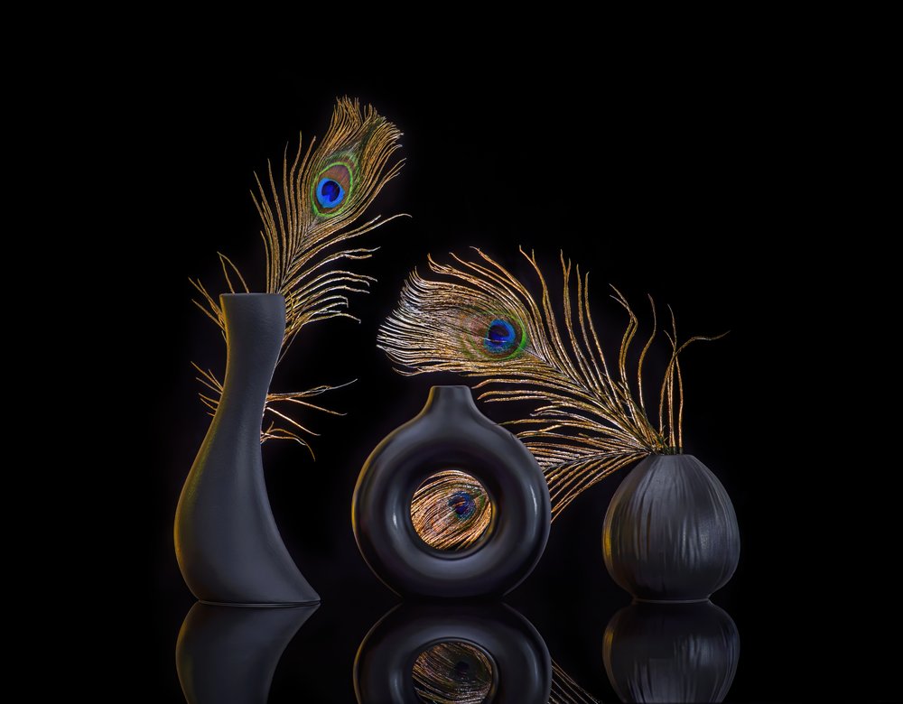 Elegantes Pfauen-Stillleben von Alice Sheng