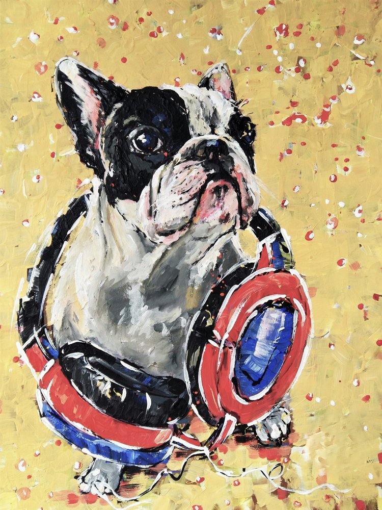 Französische Bulldogge mit Kopfhörern von Anda Bieza