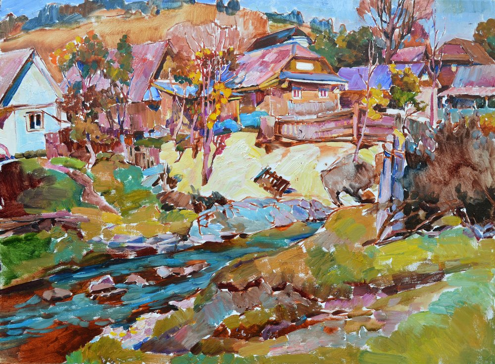 Herbstliches Dorf am Bach von Andrii Kutsachenko