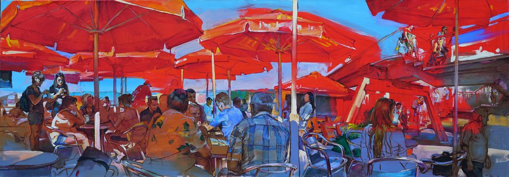Rote Regenschirme Café von Andrii Kutsachenko