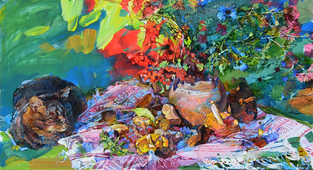 Lebendiges Blumenkatzen-Stillleben von Andrii Kutsachenko