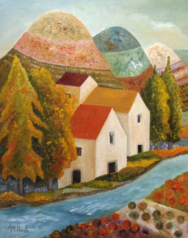 Herbstliches Dorf am Fluss von Angeles M. Pomata