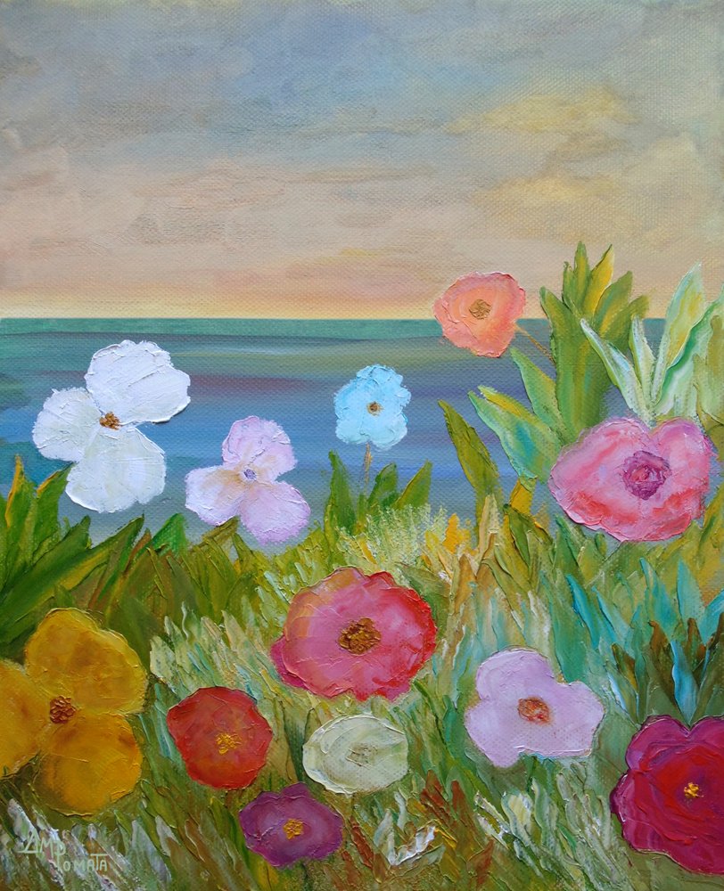 Bunte Blumen mit Meeresblick von Angeles M. Pomata