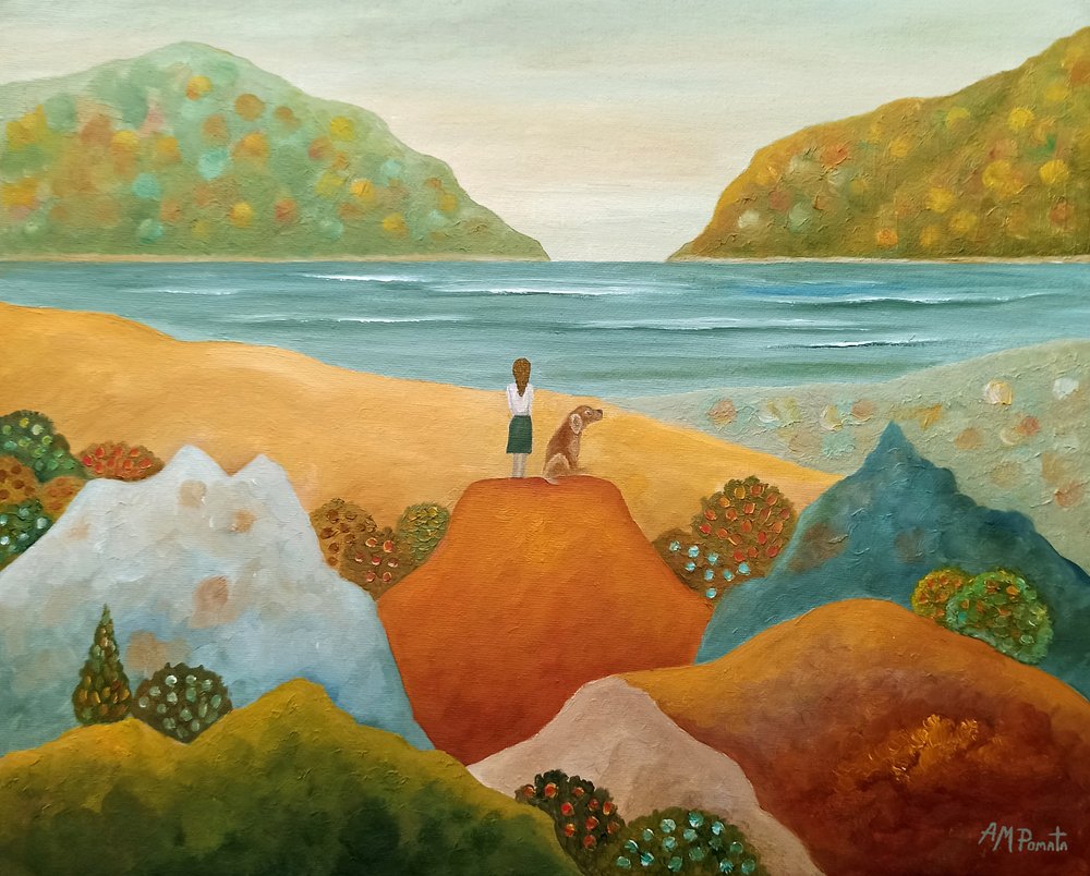 Mädchen Hund Meeresblick von Angeles M. Pomata