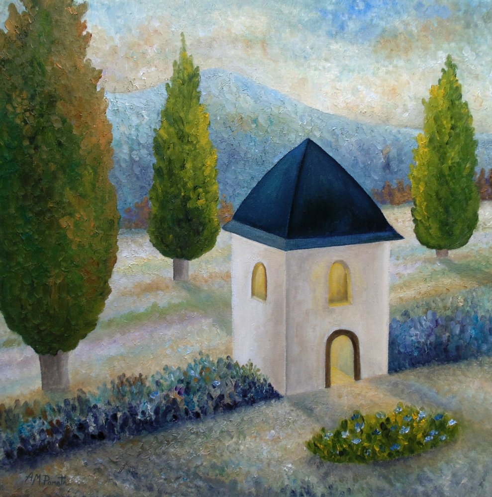Berg Haus Zypressen von Angeles M. Pomata