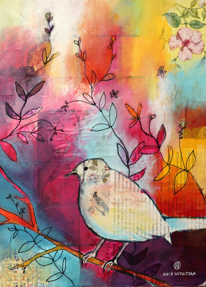 Verspielter Vogel auf Zweig von Ania Witwitzka