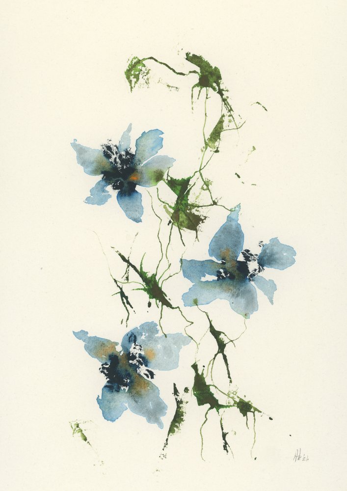 Blaue Blumen in Aquarell von Ankie Kooi