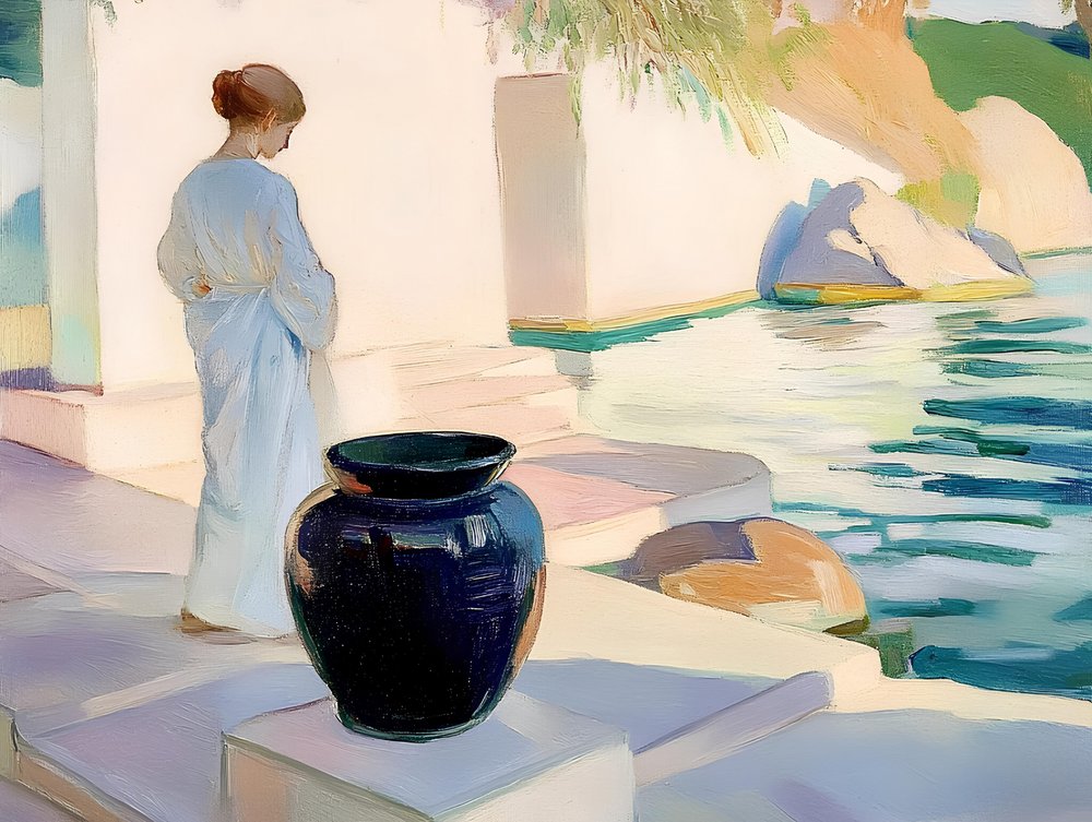 Gelassene Frau mit blauer Vase von Avanesova Elena