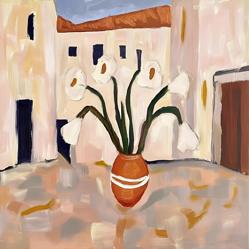 Terrakottatopf mit weißen Blumen von Avanesova Elena