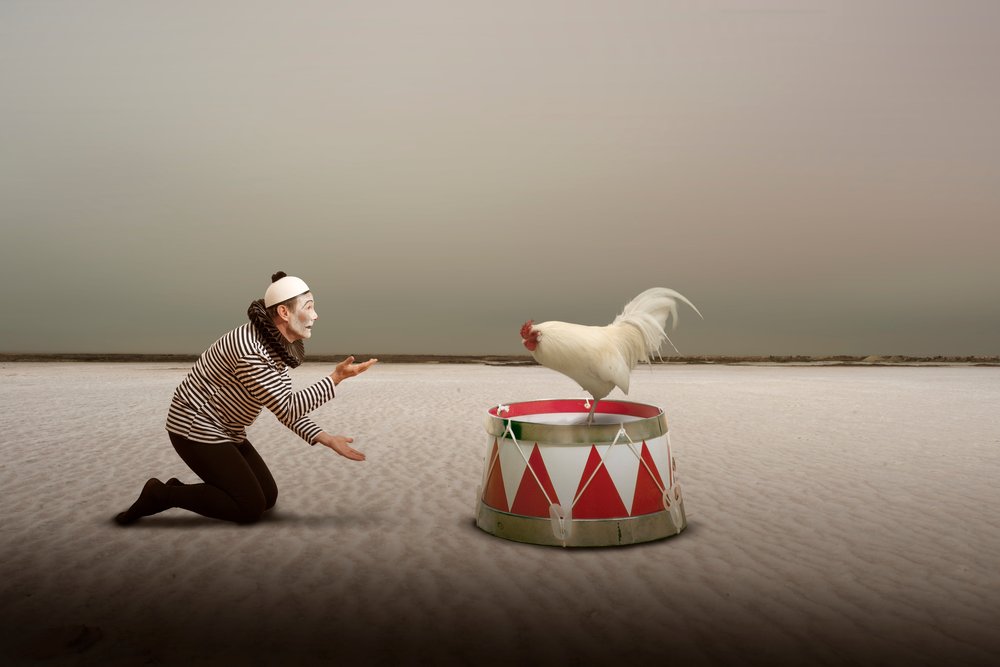 Surrealer Mime und Hahn von Christine von Diepenbroek