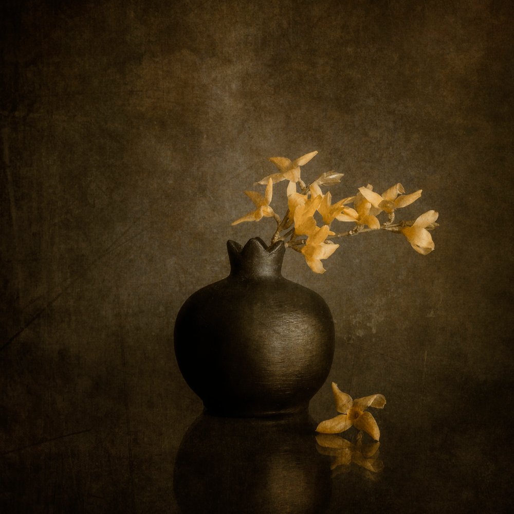 Goldene Blüten dunkle Vase von Cicek Kiral