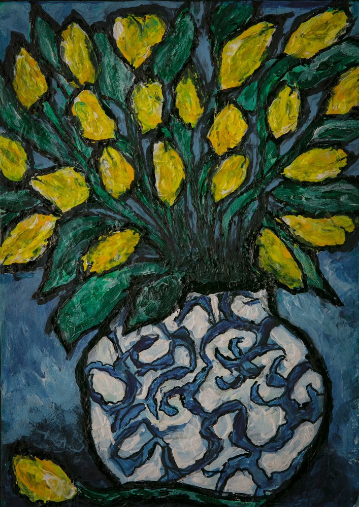 Blaue Vase mit Zitronen von Dale Hefer & Family
