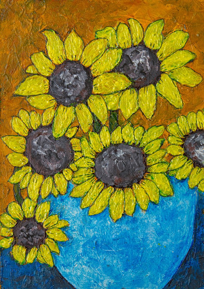 Sonnenblumen in Blauer Vase von Dale Hefer & Family