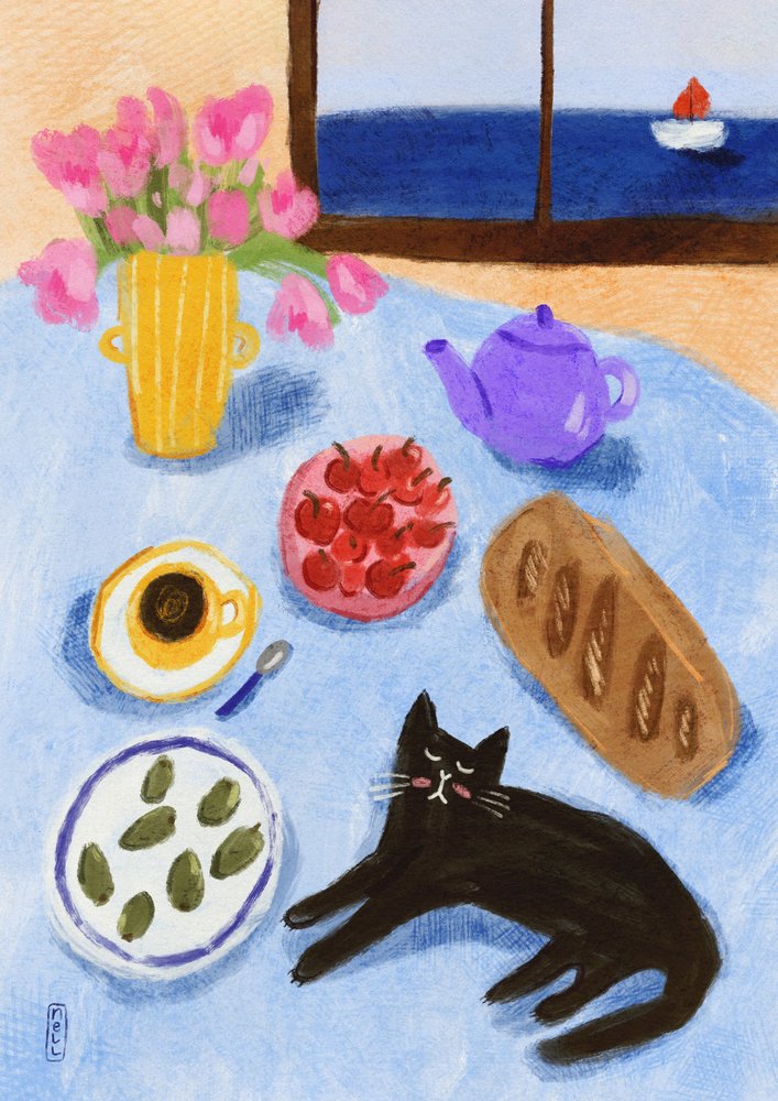 Entspannendes Frühstück am Meer mit Katze von Dirkie Nell