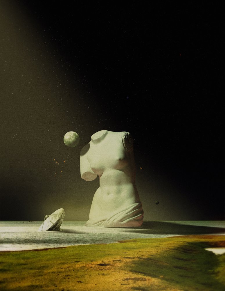 Antike Statue im kosmischen Traum von Fran Rodríguez
