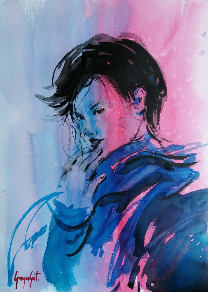 Dynamisches Pink Blau Porträt von Giorgio Gosti