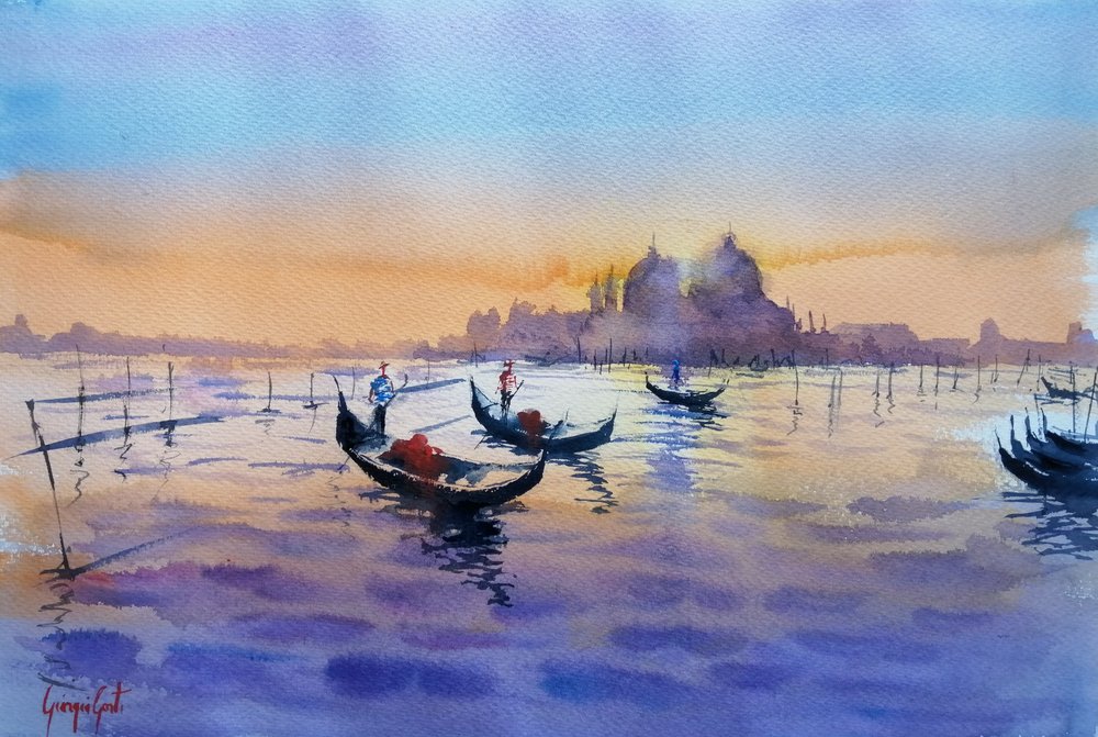 Venezianische Gondeln im Sonnenuntergang von Giorgio Gosti