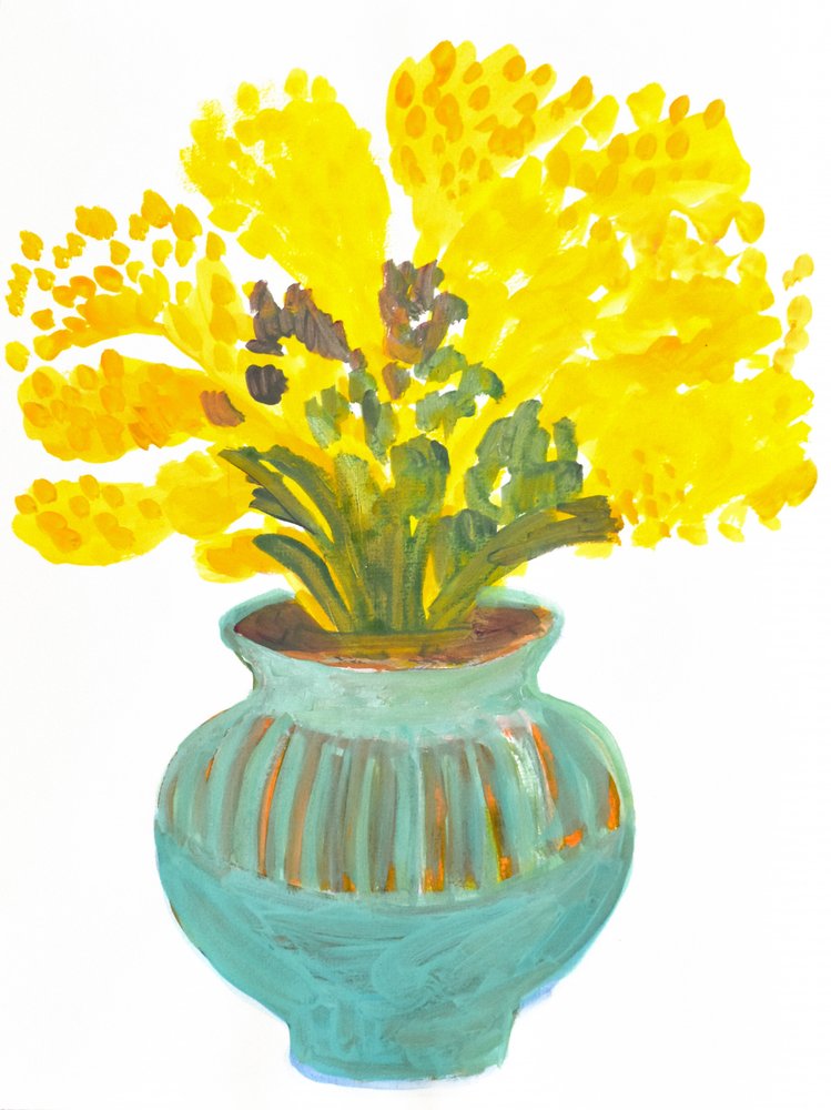 Gelbe Blüten in türkisfarbener Vase von Iria Fernandez