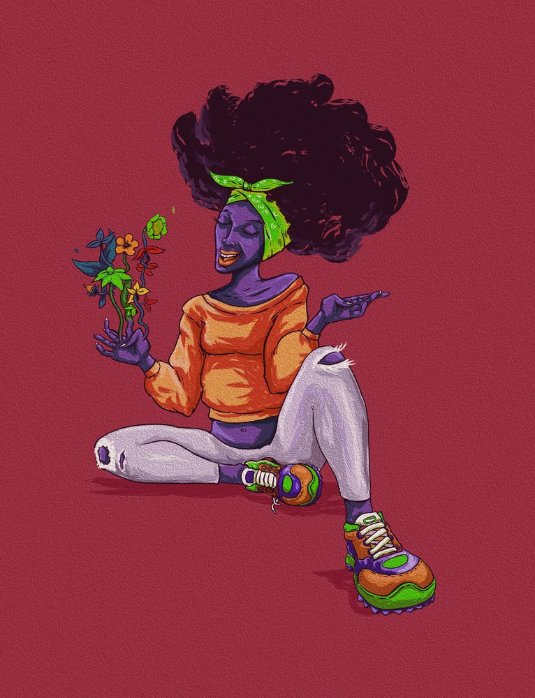 Lächelnder Afro mit Blumen von Joshua msonthe