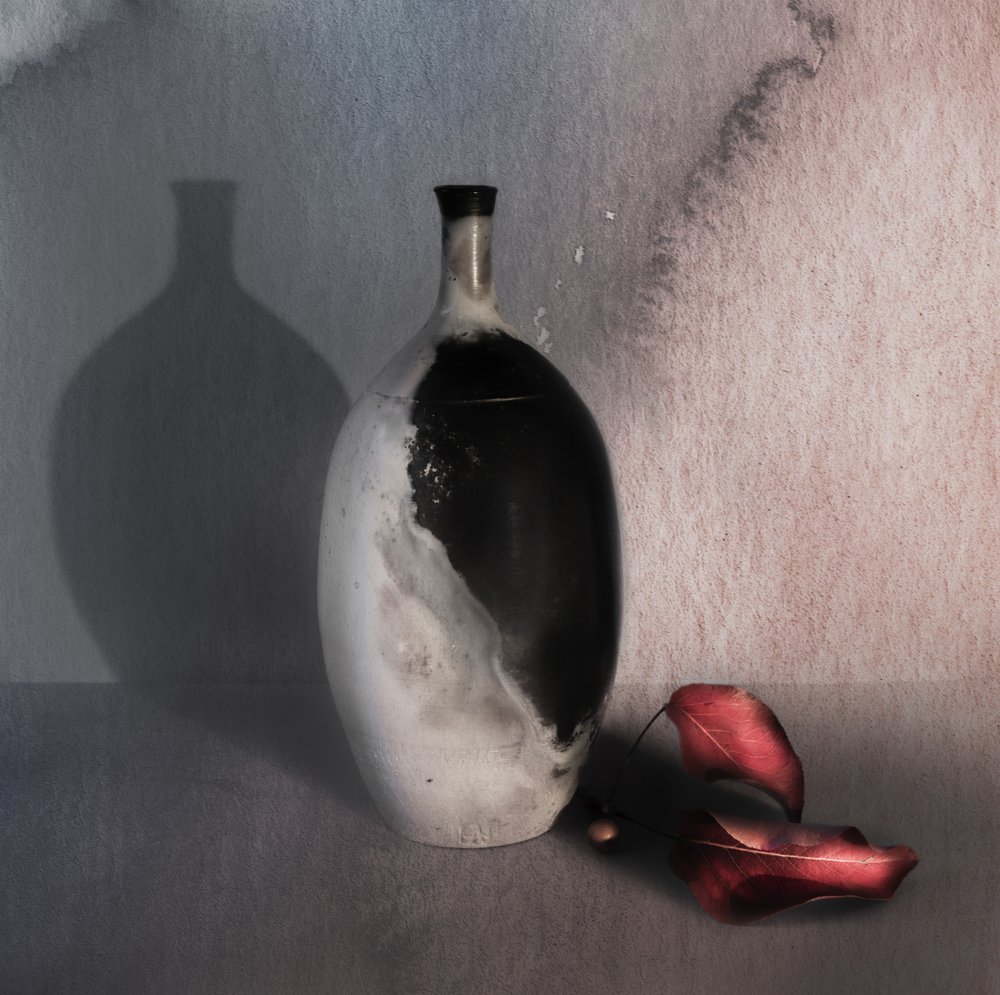 Schwarze Vase rote Blätter von Judy Tseng