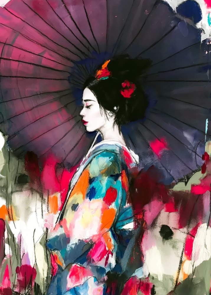 Lebendiges Geisha-Regenschirm-Porträt von Justyna Jaszke