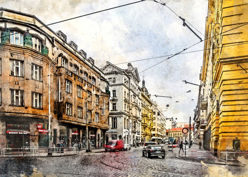 Aquarell Europäische Straßenbahnstraße von Justyna Jaszke
