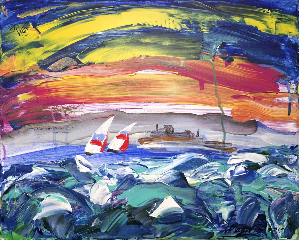 Farbiger Sonnenuntergang mit Segelbooten von Kanat Ibragimov