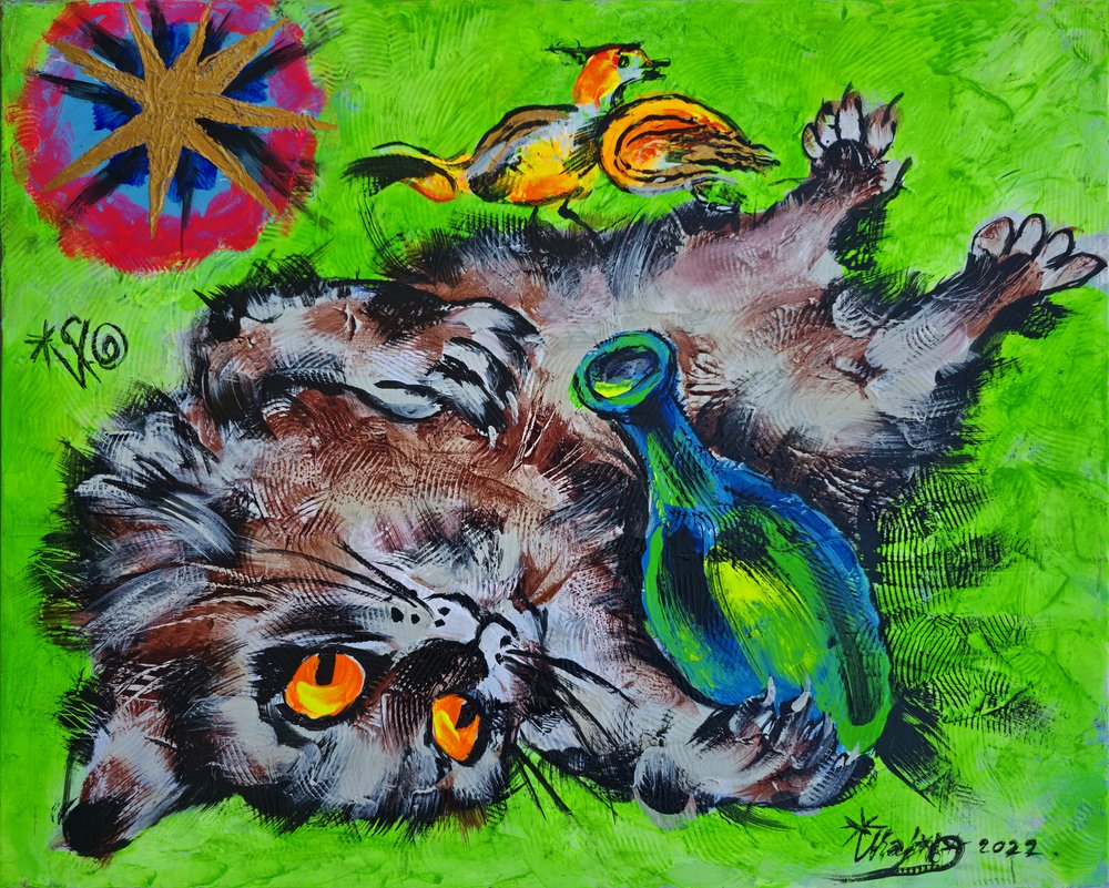 Verspielter Kater und Vogel von Kanat Ibragimov