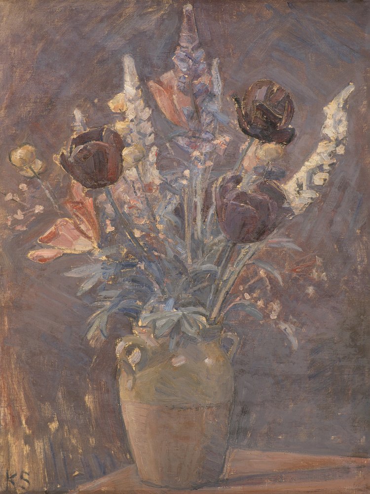 Tonvase mit Tulpen und anderen Blumen von Karl Schou von Karl Schou