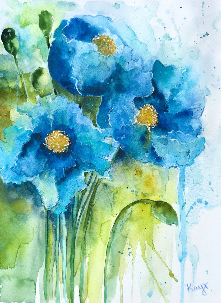 Blaue Aquarell-Mohnblumen von Kay Shanley