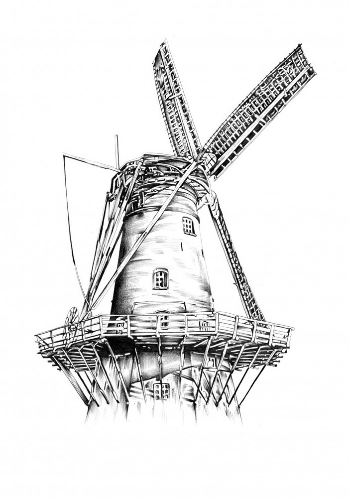 Historische Windmühlenzeichnung von Kulik