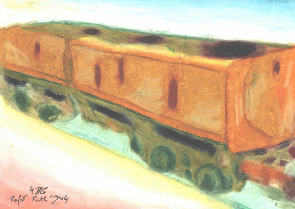Alte orangefarbene Eisenbahnwagen von Kulik