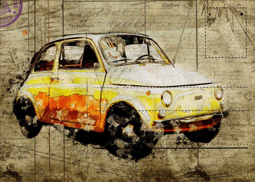 Vintage Gelber Fiat 500 von Lembayung senja studio [Vintage Poster]