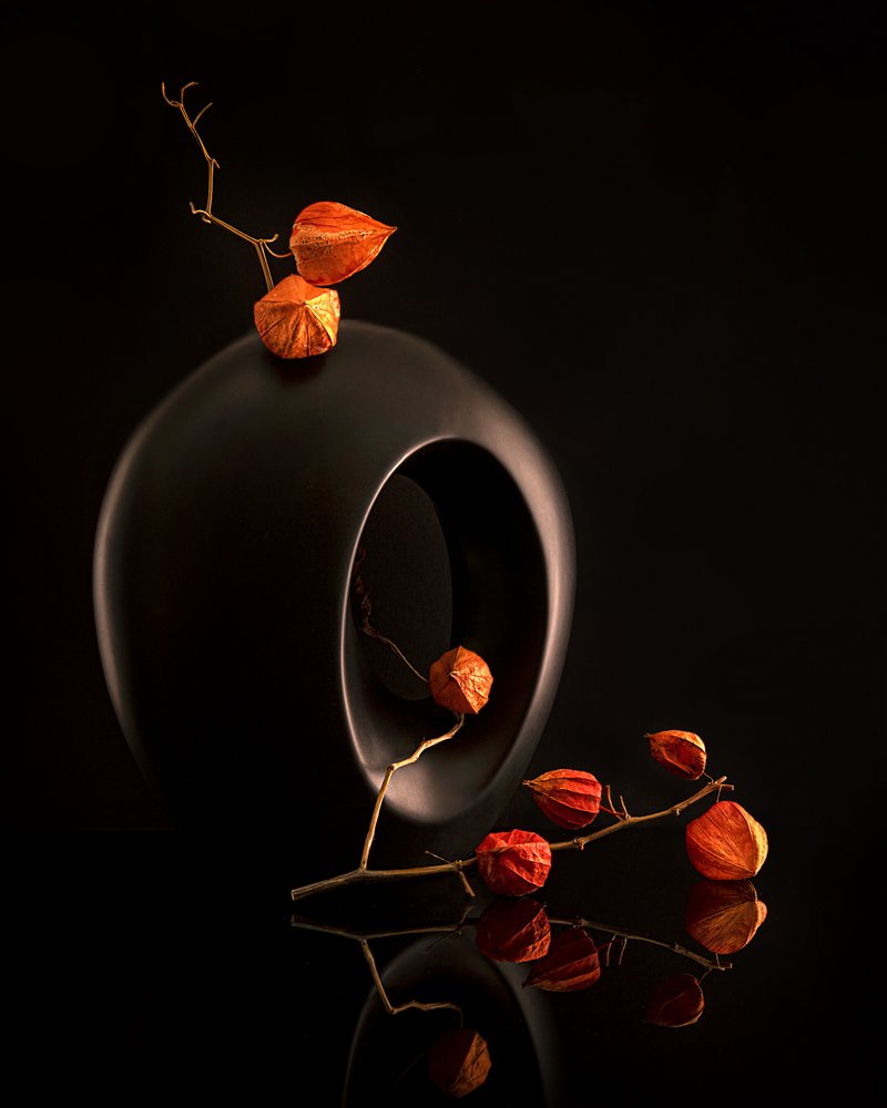 Orange Botanicals Schwarze Vase von Louie Luo