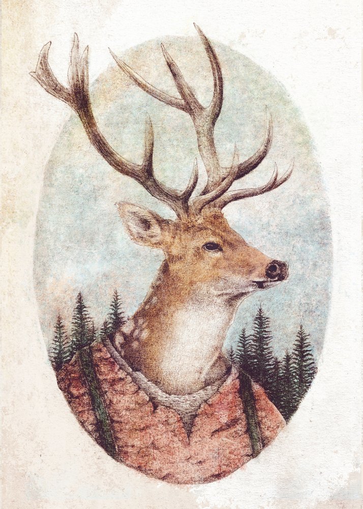 Hirsch in rustikalem Outfit von Mike Koubou