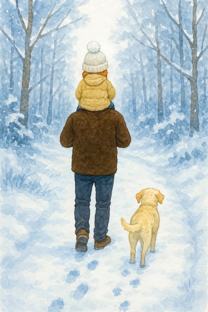 Kinderzimmer Winterspaziergang mit Papa und Hund im verschneiten Wald von Natalie Bruns