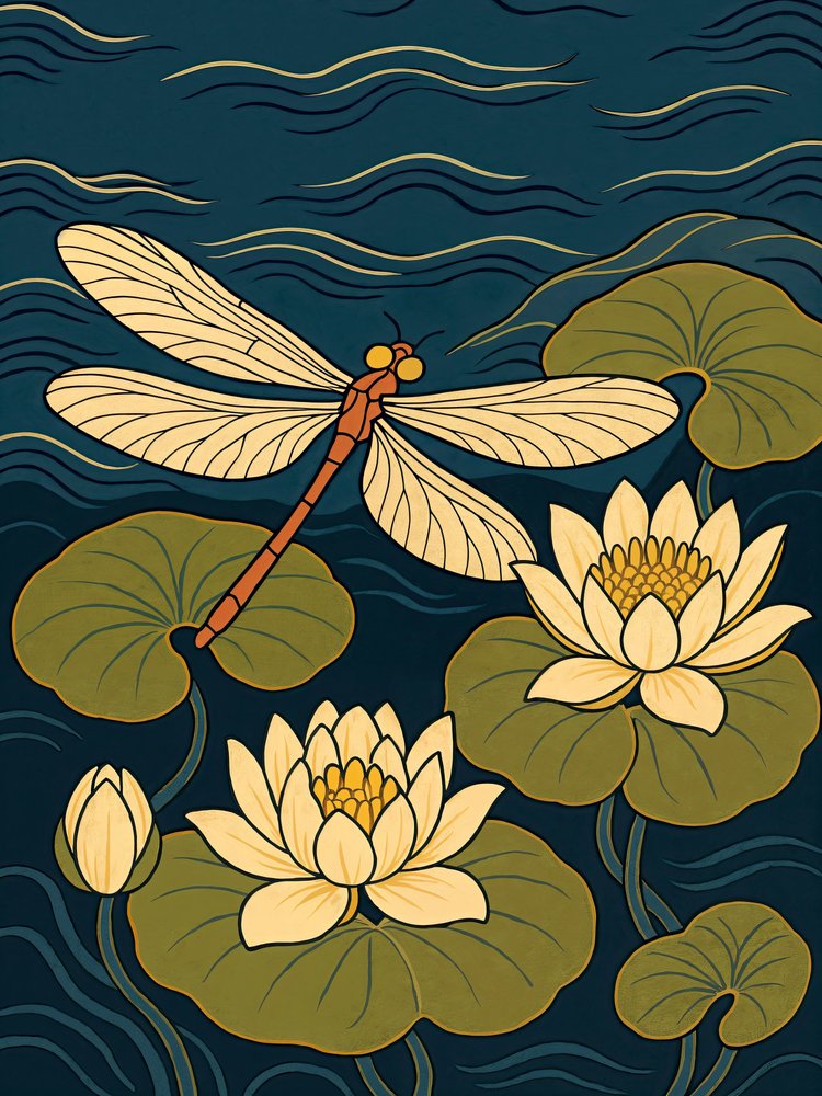 Libelle Wasserlilien Teich von Natalie Bruns