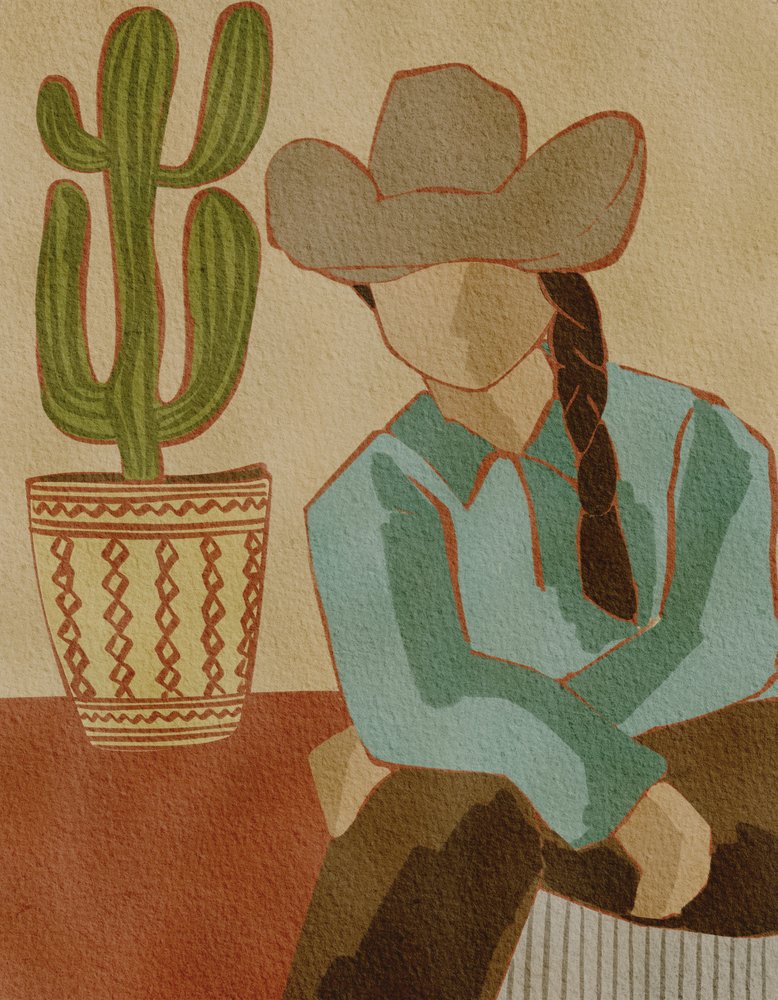 Cowgirl und Kaktus in der Wüste von Nikita Jariwala