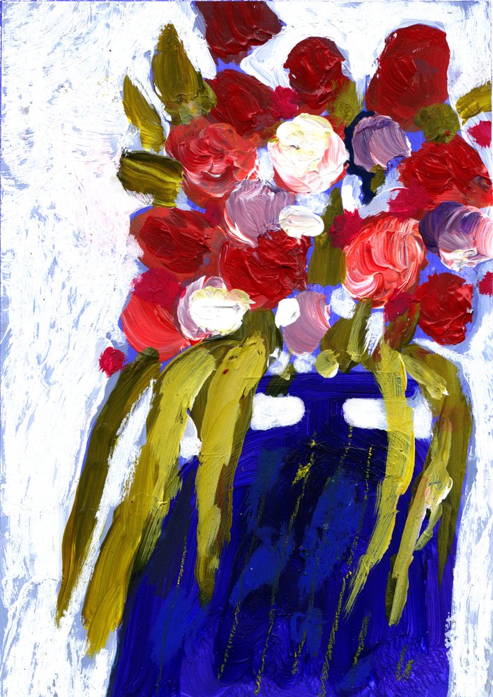 Bunte Blumen Blaue Vase von Olga Skomorokhova