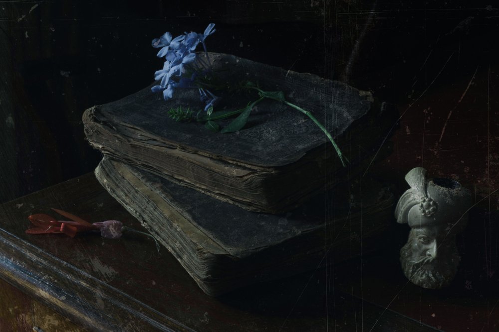 Antike Bücher und blaue Blüten von Ramiz Sahin