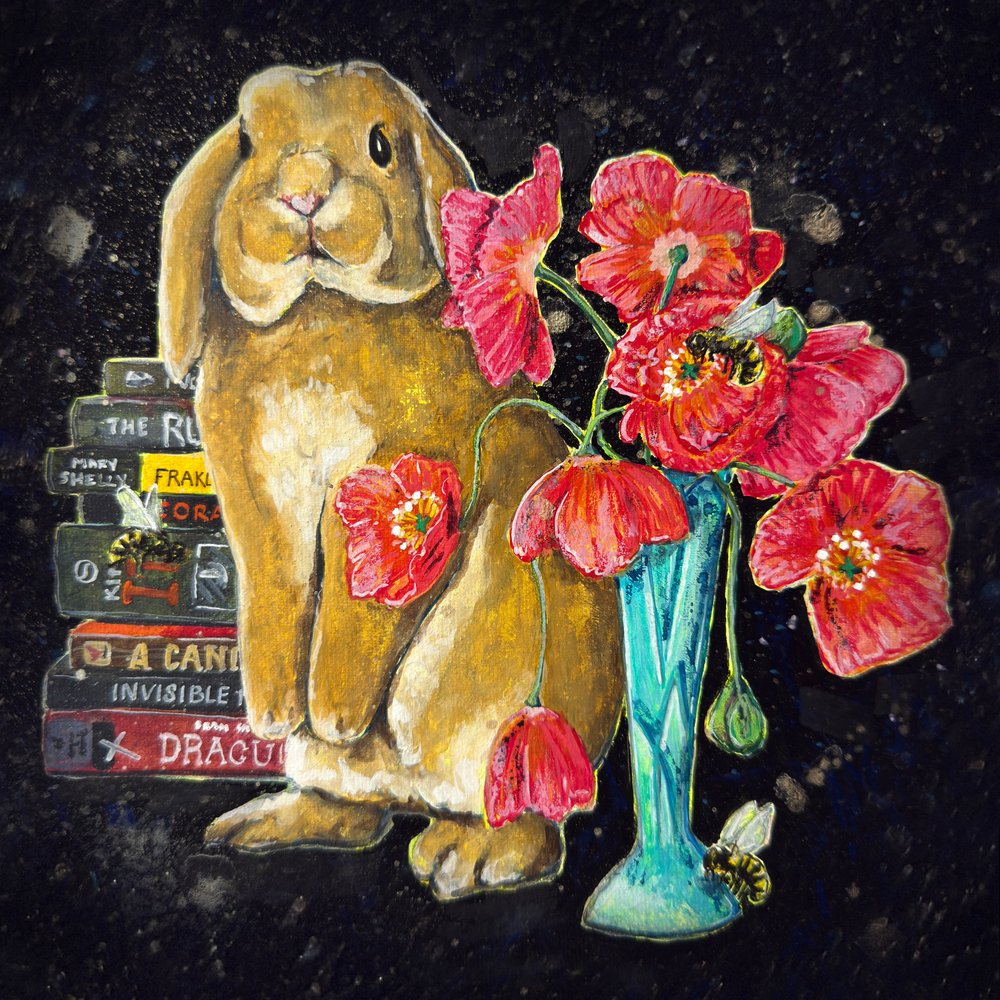 Verspielter Hase Mohnblumen Bücher von Renee Machan Cottagecore Artist