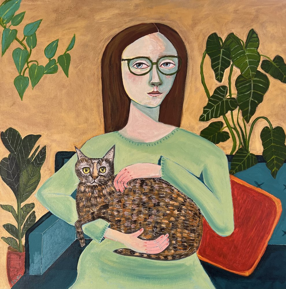 Gemütliche Frau mit Katze von Sharyn Bursic
