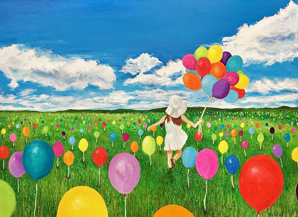 Fröhliches Mädchen Ballonfeld von Tom Blood