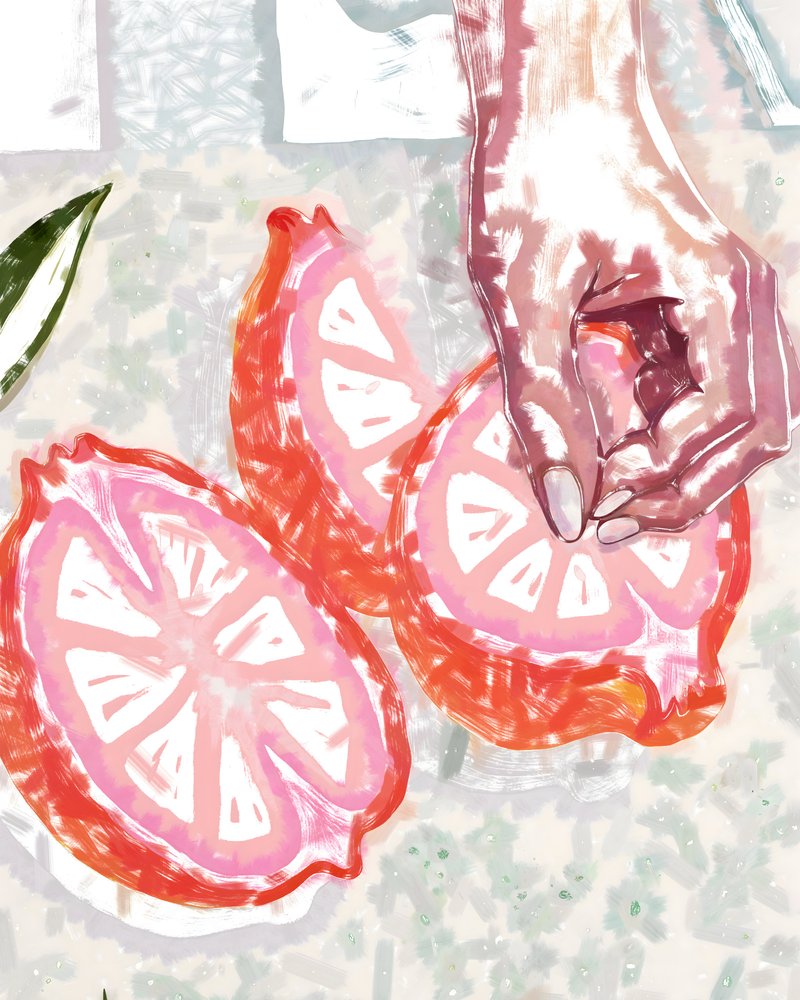 Hand und rosa Zitrusfrucht von Uma Gokhale