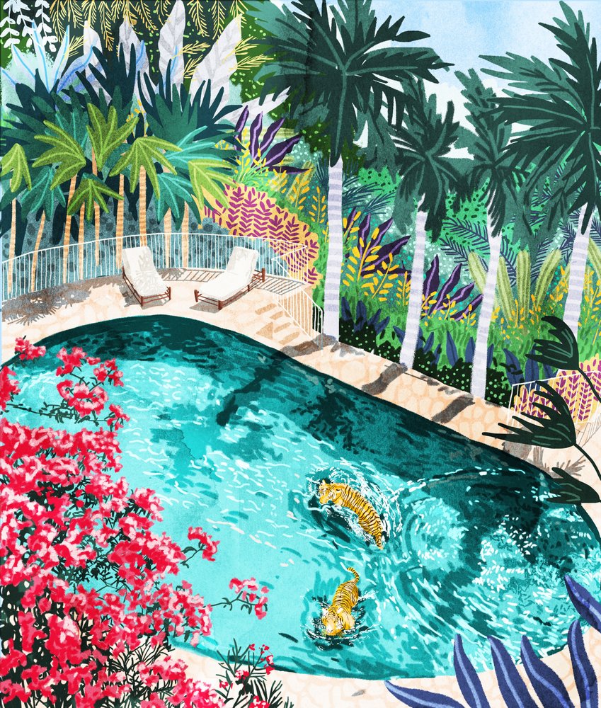 Tiger im Tropischen Pool von Uma Gokhale