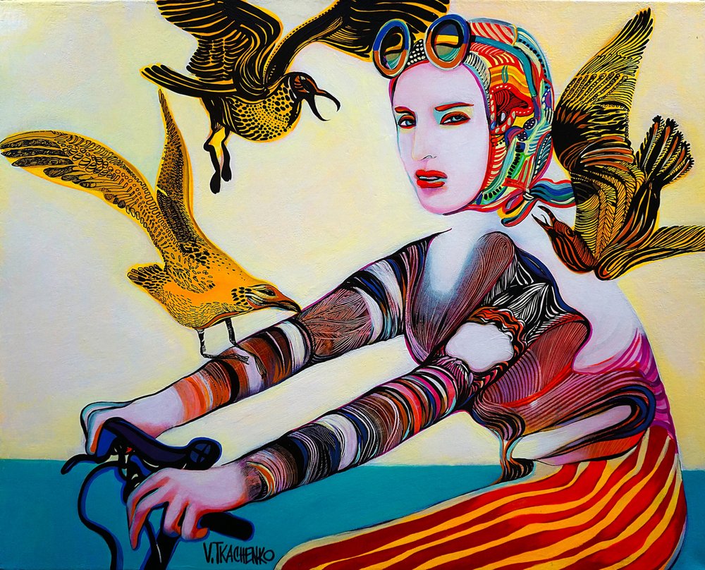 Lebendiger Radfahrer und Vögel von Victor Tkachenko