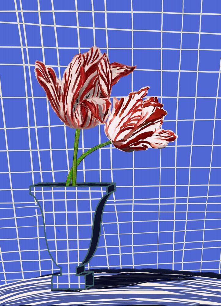 Rote Tulpen blaues Gitter von XHOZUCAN