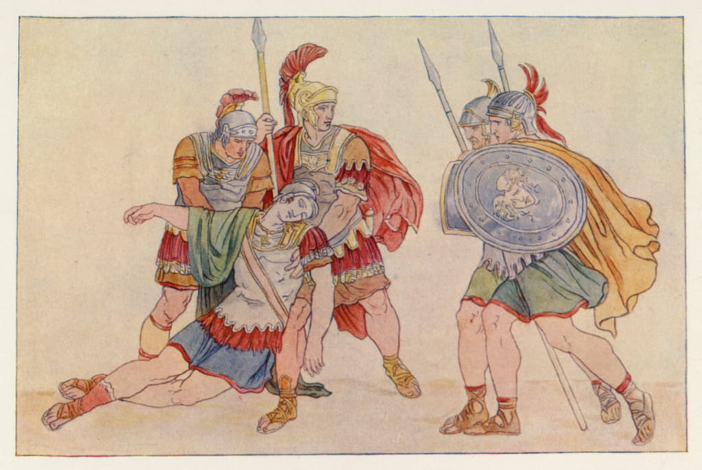 Virgils Aeneis Aeneas und die Leiche des Lausus (Farblitho)