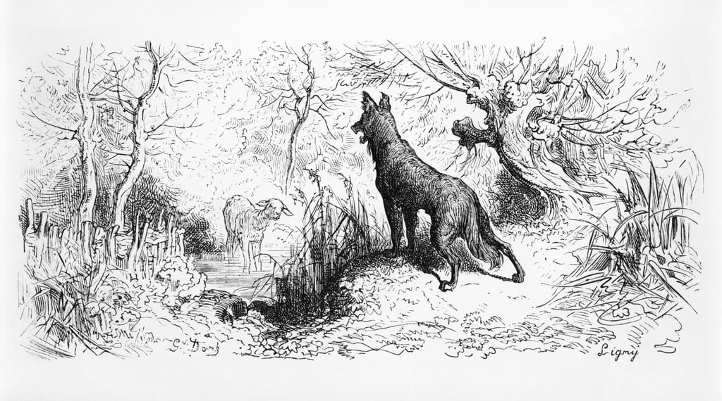 Der Wolf und das Lamm, Illustration von Fabeln von Jean de La Fontaine (162195) 1868