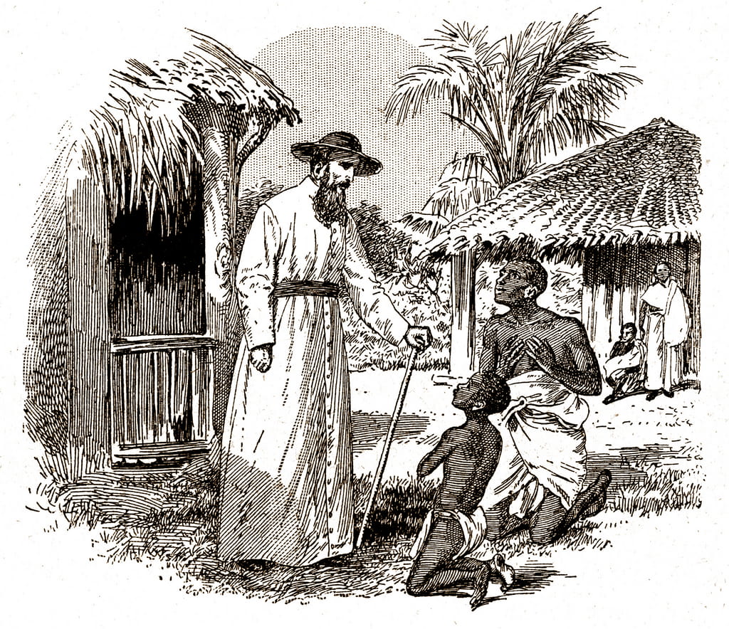 Ein katholischer Missionar in Afrika bei der Bekehrung eines Kindes und seines Vaters, um 1900